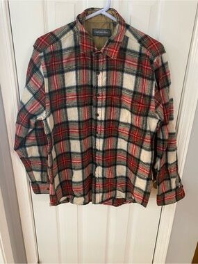 Christopher Hayes Wool Plaid Flannel Shirt Jacket Shacket Men's L Red Tan